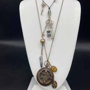 2 Necklaces - 2 Diamond Rondelle Beads, Compass, Skeleton Keys, Pearl